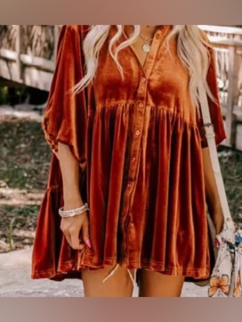 Umgee burnt orange velvet tunic dress balloon statement sleeve Large